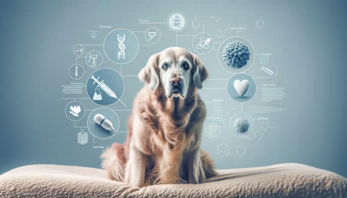 Incontinence Solutions for Dogs: An elderly golden retriever with graying fur sits uncomfortably on a bed, with background icons of bacteria and syringes symbolizing urinary issues.