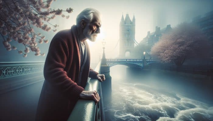 Elderly British man on foggy London bridge at dawn, gazing determinedly at Thames, surrounded by blooming cherry trees and motivational quotes.