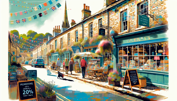 Bustling street in Frome: quaint local shop with vibrant banners promoting 20% foot traffic via social media, under sunny sky.