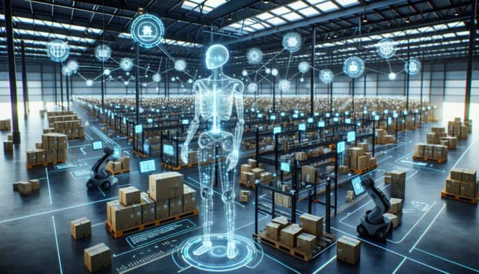 AI-driven robots in a Manchester warehouse efficiently pack diverse products, analyzing weight and fragility on screens for a 30% logistics boost.