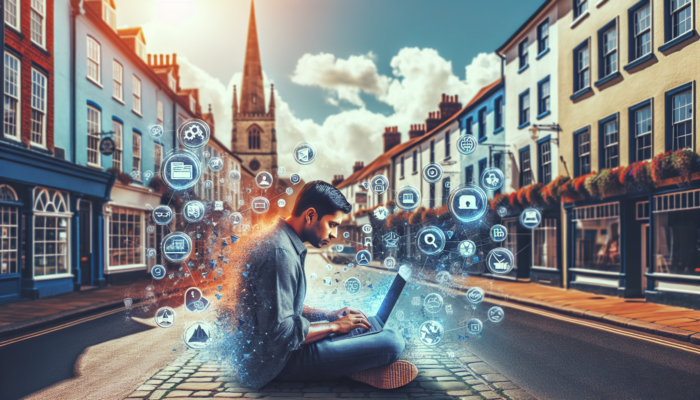 A digital marketer at a laptop in Blandford Forum's street, surrounded by icons of social media, SEO, emails, and analytics under a sunny sky.