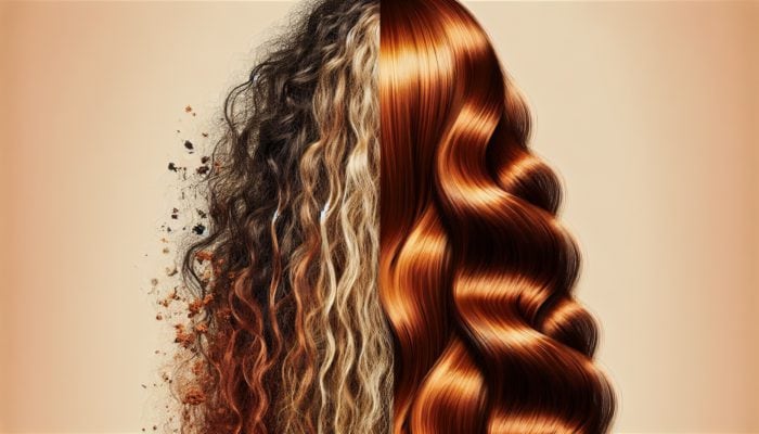 A split image of a woman's long hair: one side appears dry and damaged with patchy muted auburn dye, while the other side looks smooth and vibrant after conditioning.