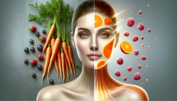 Nutrition for Skin Health: A vibrant still life of fresh carrots and ripe berries, alongside a woman's smooth, hydrated face representing the benefits of vitamins A and C for skin health.