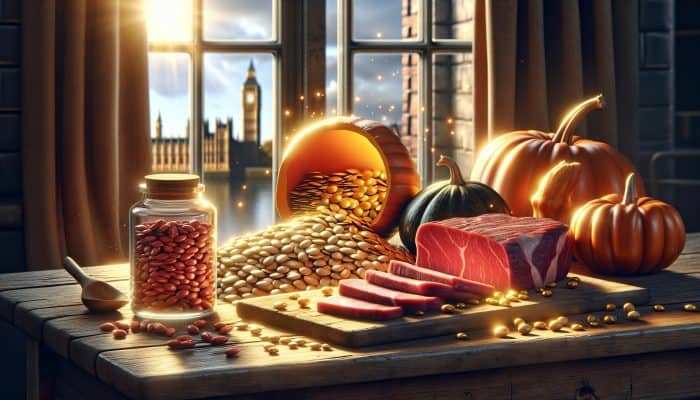 Fresh red meat, pumpkin seeds, and chickpeas displayed on a rustic wooden table in a sunlit UK kitchen, representing zinc's importance for skin health.