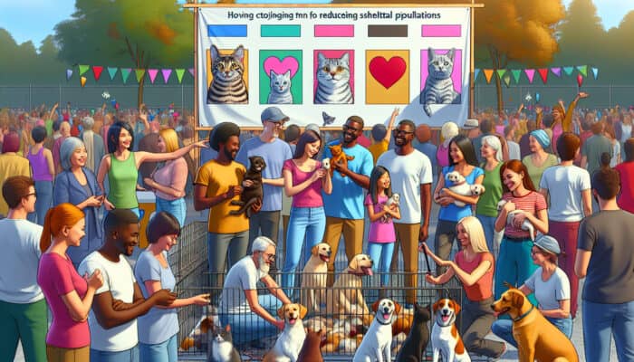 A vibrant pet adoption event in a community park, showcasing volunteers, enthusiastic dogs and cats, families selecting pets, and banners promoting animal welfare.
