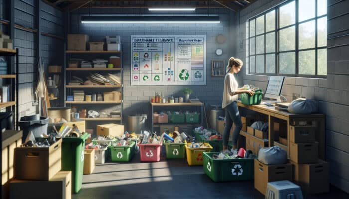 A person sorts items in a cluttered garage into colour-coded recycle bins, with solar panels and natural light, promoting sustainability.