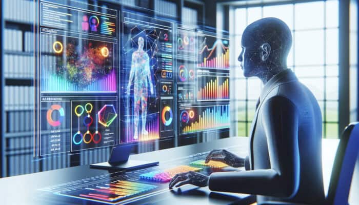 A focused human virtual assistant analyzes vibrant SEO dashboards on multiple screens, showing rising graphs of rankings, keywords, and traffic.