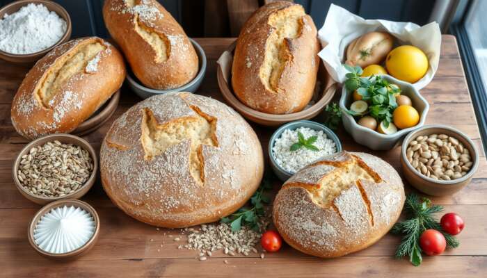A variety of artisan breads with golden crusts and soft interiors displayed on a rustic wooden table, surrounded by unbleached flour, natural yeast, pure water, whole grains, organic seeds, fresh herbs, and seasonal fruits, highlighting high-quality baking ingredients.