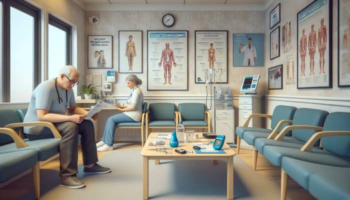 Middle-aged person in Retford clinic reviews diabetes pamphlet, holds water bottle and glucose meter, with posters and nurse nearby.