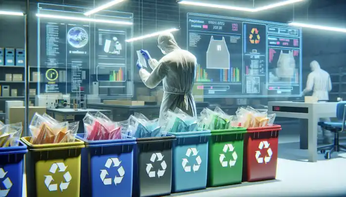 A lab worker examines labels on plastic aprons, sorting them into color-coded recycling bins, with infographics on eco-friendly disposal methods.