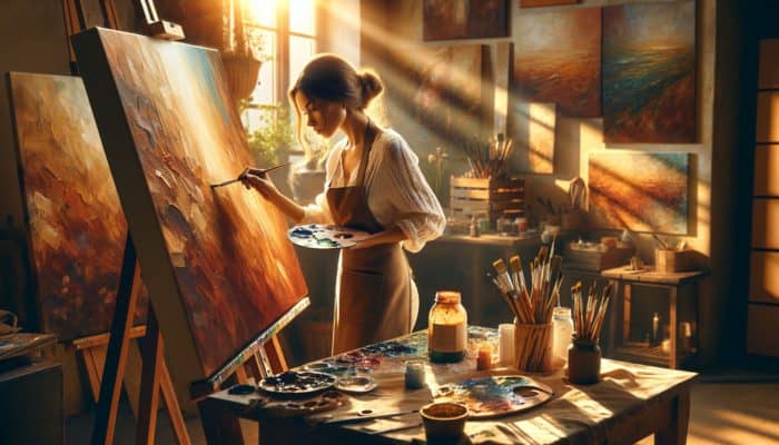 Artist in a sunlit studio layering oil paints on canvas with precise brushstrokes, demonstrating glazing and impasto techniques amid tools.