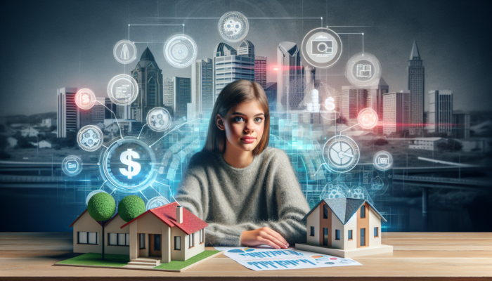Young buyer in Witbank reviewing home loan and FLISP documents, surrounded by interest graphs, a model house, and an urban skyline.