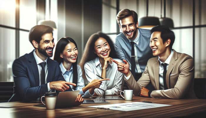 Colleagues in a modern office reviewing shared documents on a table, smiling and pointing at charts on laptops and papers, fostering collaboration.