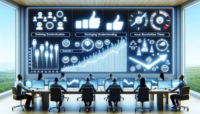 Analysts in a modern office review dashboards showing declining misunderstanding graphs, satisfied clients with thumbs-up surveys, and fast issue resolution clocks.
