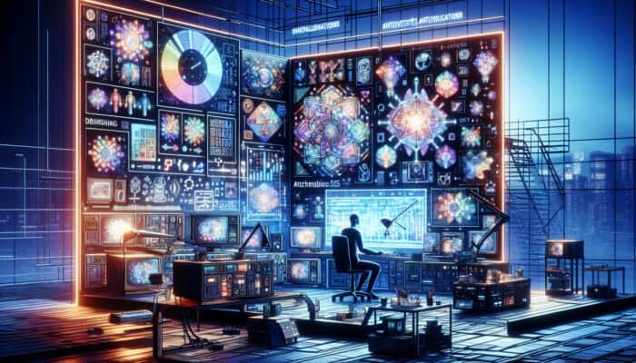 Futuristic video editing studio with AI screens generating subtitles, suggesting edits, and displaying colorful engagement metrics; creator observes holographic displays.