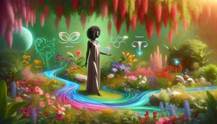 An illustration depicting a woman in a flourishing garden, with streams of estrogen and progesterone intertwined with thyroid icons, symbolizing the balance of the menstrual cycle.