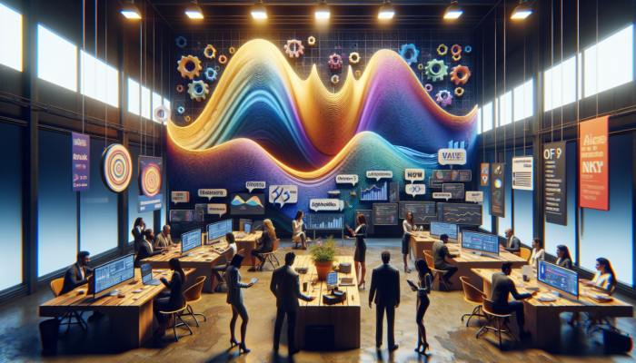 Marketers in Exeter analyse fluctuating SEO graphs on screens, collaborating with local influencers in a competitive digital environment.