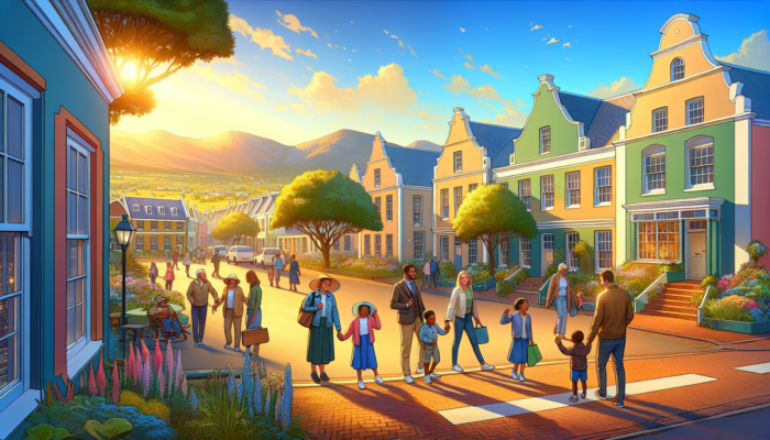 A lively street in historic Graaff-Reinet featuring Cape Dutch houses, flourishing gardens, and families walking to school on a sunny day.