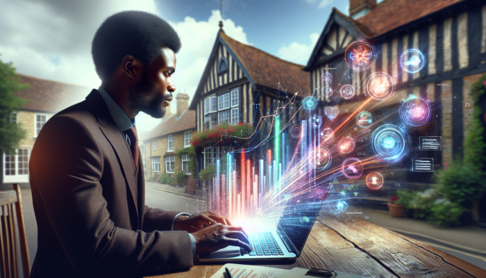 Focused entrepreneur in a UK village office analyzing laptop dashboards with ROI graphs and icons for audience engagement and marketing strategies.