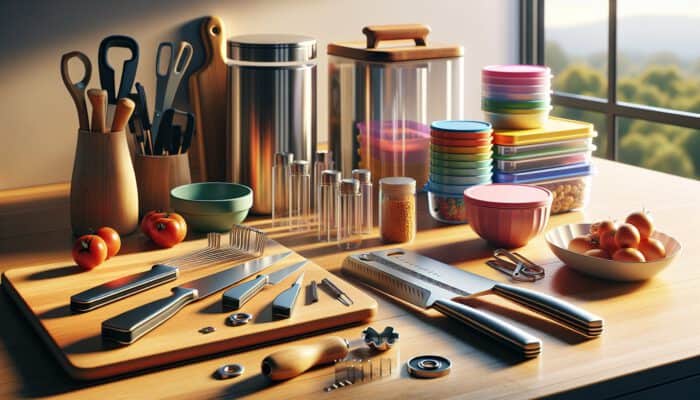 A well-organised kitchen countertop featuring sharp knives on a wooden board, colourful measuring cups, robust glass containers, and a can opener bathed in warm light.