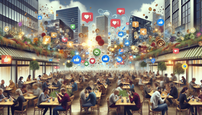 A bustling café scene with customers using smartphones for social media, surrounded by floating icons of likes, shares, and comments, showcasing enhanced business engagement.