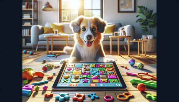 A curious dog with a joyful expression interacts with a puzzle app on a tablet in a sunlit living room, surrounded by colourful toys and treats.