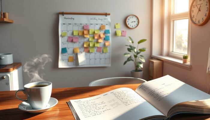 A warm and inviting kitchen in the morning, featuring a steaming cup of coffee, a colourful wall calendar, an open planner with notes, sunlight streaming through a window, and a clock indicating 7:00 AM.
