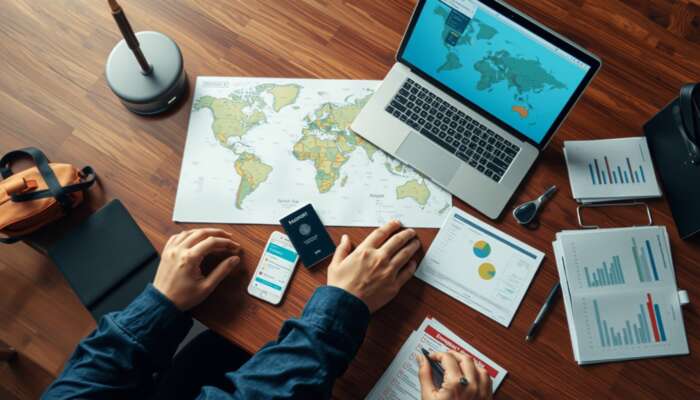 A traveller at a wooden desk planning a trip, accompanied by a world map, a laptop displaying apps, a passport, essential documents, a budget chart, and an emergency contact list.