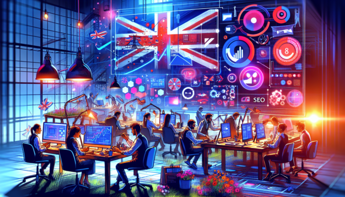 A vibrant UK design studio with experts crafting responsive WordPress websites, SEO graphs, Union Jack, and London skyline elements.