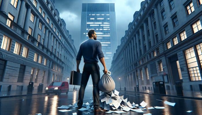 A determined zero hours worker in a rainy London street holds scattered pay slips and a laptop, facing a towering bank building.