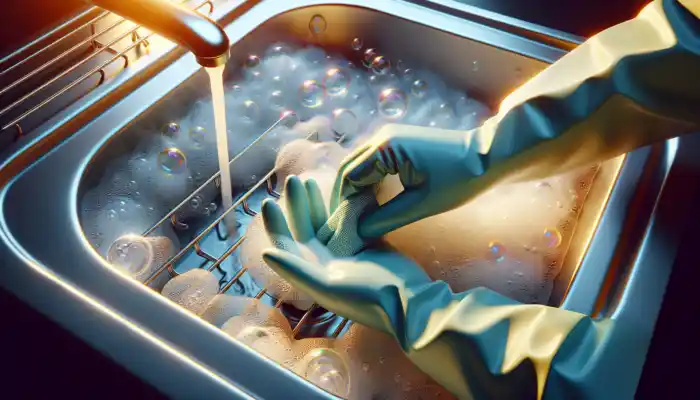 Close-up of gloved hands washing latex gauntlet gloves in soapy water in a sink, with bubbles and drying rack nearby.