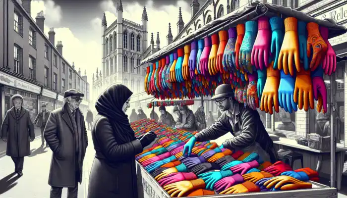 A shopper inspects colorful gloves at a lively Leicester market stall, with historic brick buildings and a gray sky in the background.