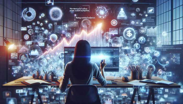 Video creator in a modern studio, surrounded by glowing social media icons and analytics screens, analyzing data for engaging content with rising success graphs.