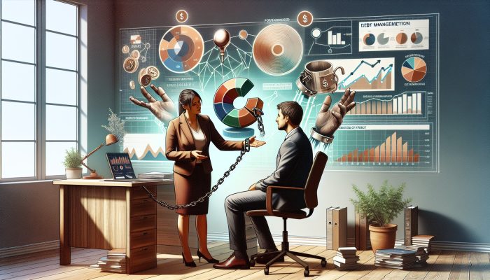 A compassionate advisor guides a relieved client through debt management in a modern UK office, surrounded by symbols of financial freedom like breaking chains and rising graphs.