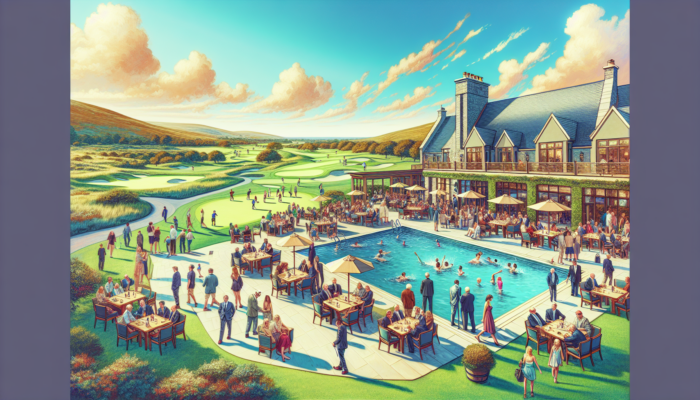 Diverse families and individuals enjoying lush golf courses, sparkling pools, and social gatherings at Killarney Country Club in a sunny Irish landscape.