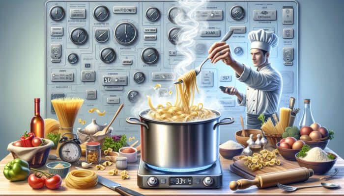 A vibrant kitchen scene featuring a pot of boiling pasta, a ticking timer, a chef testing for al dente, and fresh ingredients.