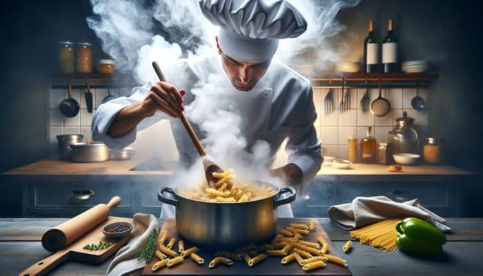 A skilled chef stirring fusilli and penne pasta in a bubbling pot with a wooden spoon in a steamy kitchen environment.
