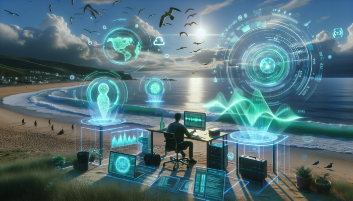 Developer at a Burnham-on-Sea seaside desk with holographic AI interfaces, voice search waveforms, eco-friendly icons, mobile devices, and ocean waves in the background.