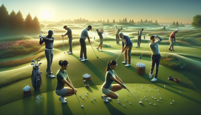 Dedicated golfers warming up on a dew-kissed fairway at dawn, stretching, swinging clubs, and practicing putts under a gentle sunrise glow.