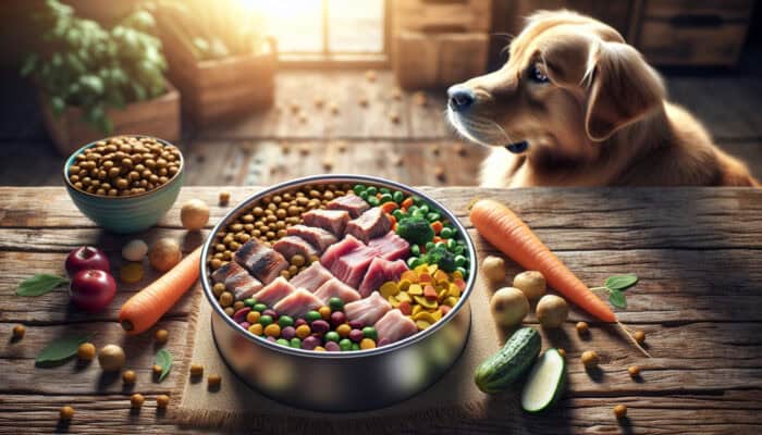 A bowl of premium grain-free dog food with fresh lamb, chicken, fish, and colourful vegetables on a wooden table, next to a golden retriever in natural light.