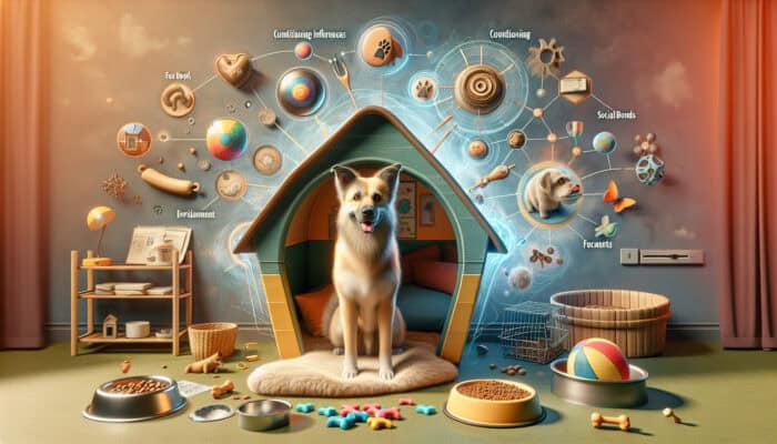 Pets Don't Grieve Losses: A curious dog in a cozy home, surrounded by food bowls, toys, and a secure den, interacting with its owner and other pets.
