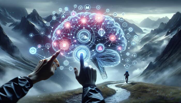 Futuristic neural network brain analyses "best hiking trails," linking to synonyms such as scenic views and trail difficulties amid misty mountains.