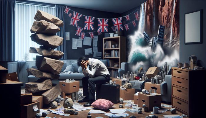 Emotional Impact of Debt and How to Cope: Coping Tips | DCL A stressed young professional in a cluttered London flat, overwhelmed by bills and graphs, clutches their head in anxiety under dim lighting.