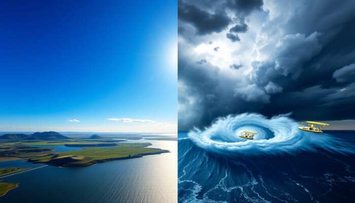 Split image: left side shows high-pressure serenity with clear skies and sunlit landscapes; right side depicts low-pressure turmoil with storm clouds and hurricanes.