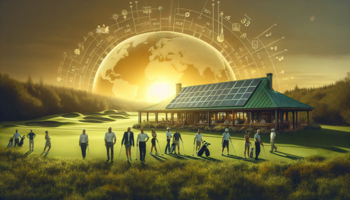 Lush green golf course at Westlake Club with solar panels on the clubhouse, diverse members engaging in community events under a golden sunrise.