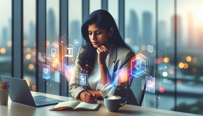 A determined business owner at a modern desk, surrounded by screens showing e-commerce platforms, analytics, notepad, coffee, and city skyline.