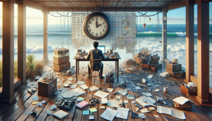 Busy entrepreneur in Ilfracombe at a cluttered desk with ticking clock, blank notepads, and colorful content calendar, overlooking ocean waves.