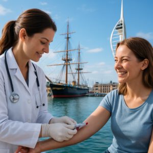 Doctor performing FBC blood test on smiling patient in Portsmouth harbour, with Spinnaker Tower and ships.