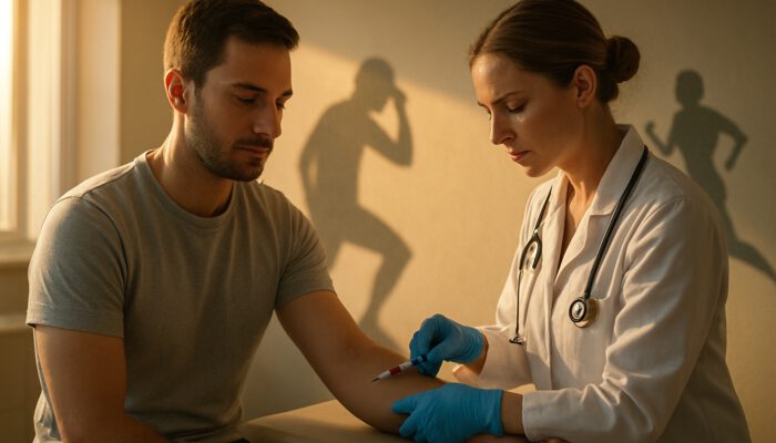 Patient offering arm for testosterone blood test in sunlit UK clinic at dawn, with shadows of stress and a runner.