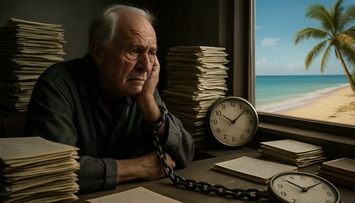 Elderly worker chained to desk of debt bills and clocks, gazing at distant sunlit beach retirement.